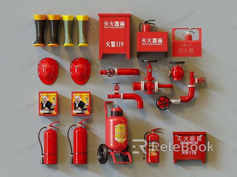 Modern fire fighting equipment fire fighting rubber boots gas mask fire extinguisher box fire extinguisher fire hose model