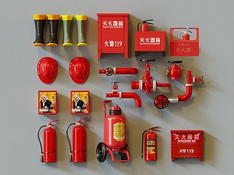 Modern fire fighting equipment fire fighting rubber boots gas mask fire extinguisher box fire extinguisher fire hose 3d model