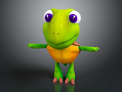 Cute Green Turtle Cartoon Character with Big Purple Eyes and Yellow Belly for Game Animation 3d model