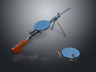 Vintage Machine Gun With Round Drum Magazine Tripod Wooden Stock And Bullets 3d model