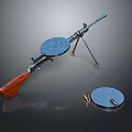 Vintage Machine Gun With Round Drum Magazine Tripod Wooden Stock And Bullets
