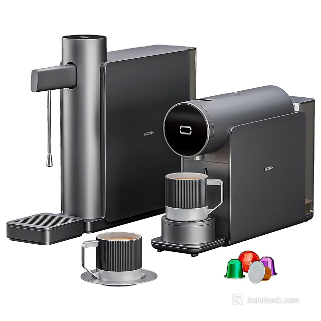 Sleek Modern Black Kitchen Appliances With Coffee Machine Water Dispenser And Colorful Capsules 3d model 