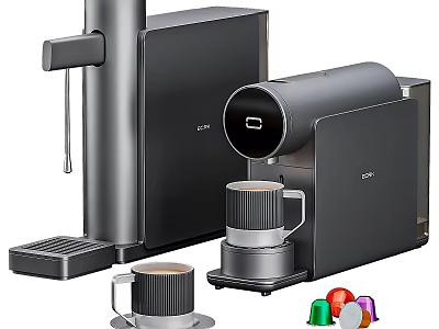 Sleek Modern Black Kitchen Appliances With Coffee Machine Water Dispenser And Colorful Capsules 3d model