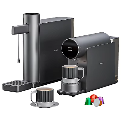 Sleek Modern Black Kitchen Appliances With Coffee Machine Water Dispenser And Colorful Capsules 3d model