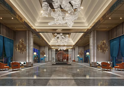 Luxurious Hotel Lobby With Crystal Chandeliers Marble Floor Blue Curtains Orange Chairs And Symmetric Decor 3d model