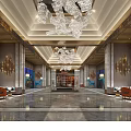 Luxurious Hotel Lobby With Crystal Chandeliers Marble Floor Blue Curtains Orange Chairs And Symmetric Decor