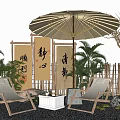 Zen Chinese Style Outdoor Leisure Table And Chairs With Bamboo Parasol Palm Plants