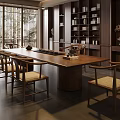 Tranquil Tea Room With Long Wooden Table Wooden Chairs Bookshelves Tea Sets And Natural View