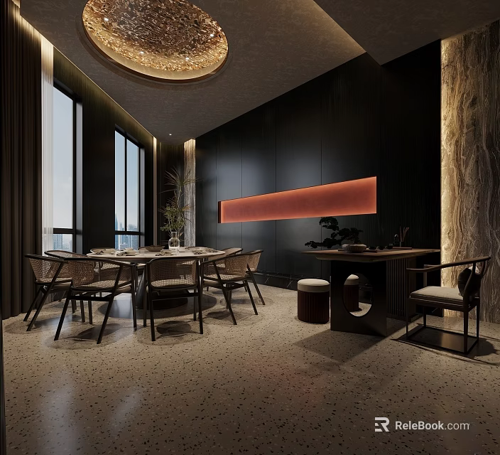 Private Dining Room Interior With Round Chandelier Dining Table Chairs Windows And Decorative Wall 3d model 