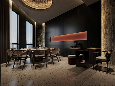 Private Dining Room Interior With Round Chandelier Dining Table Chairs Windows And Decorative Wall 3d model