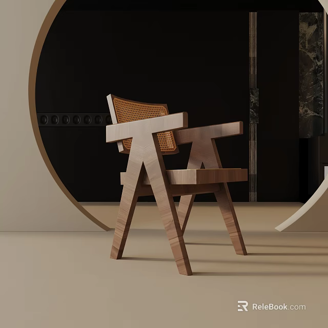 Modern Wooden Accent Chair With Woven Seat Circular Decor And Beige Black Background 3d model 