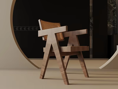 Modern Wooden Accent Chair With Woven Seat Circular Decor And Beige Black Background 3d model