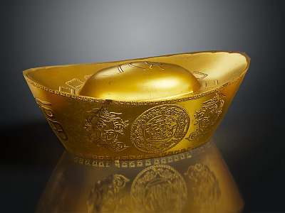 Shiny Golden Jewelry Ingot With Intricate Engraved Patterns And Reflection On Black Background 3d model
