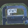 Detailed Cartoon Scenery Aerial View Building Parking Lot Lawn and Pavilion