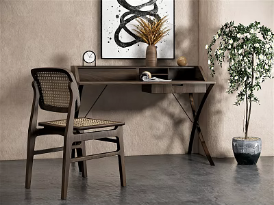Modern Minimalist Desk Setup With Woven Rattan Chair Clock Vase And Abstract Painting 3d model
