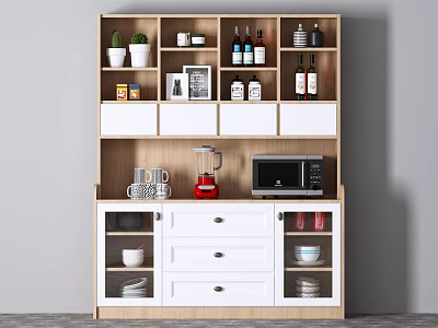 Modern Kitchen Sideboard with Open Shelves Glass Doors Drawers and Appliances 3d model
