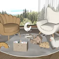 Cozy Single Sofas With Kids Toys On Round Carpet By Floor To Ceiling Windows And Natural View
