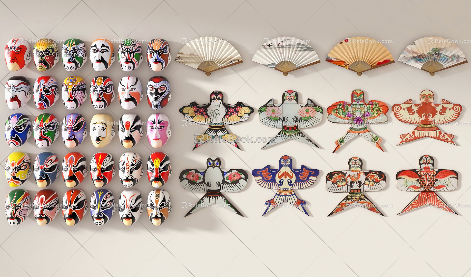 New Chinese Style Pendant Folk Kite Wall Decoration Kite Paper Kite Wild Goose Kite Hand-painted Paper-cut Kite Facial Mask Peking Opera Facial Mask Chinese Facial Mask Chinese Style Folding Fan 3d model