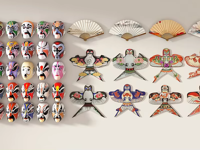Colorful Traditional Chinese Wall Hangings Featuring Peking Opera Masks Kites And Fans 3d model