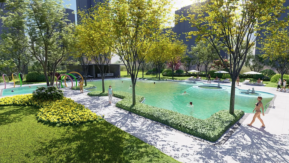 Beautiful Urban Park With Swimming Pool Green Trees Lawn Yellow Flowers And Playground 3d model 