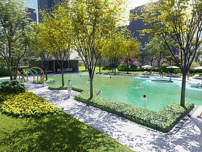 Beautiful Urban Park With Swimming Pool Green Trees Lawn Yellow Flowers And Playground 3d model