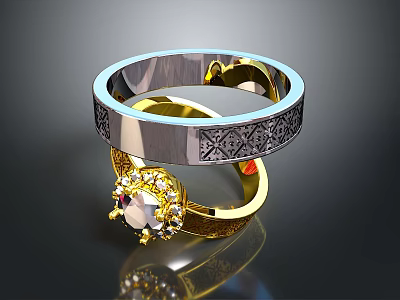Decorative Gold And Silver Rings With Gemstone And Engraved Patterns 3d model