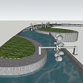 Garden Ornament Design With Water Feature Stone Platform Green Grass And White Spherical Decorations