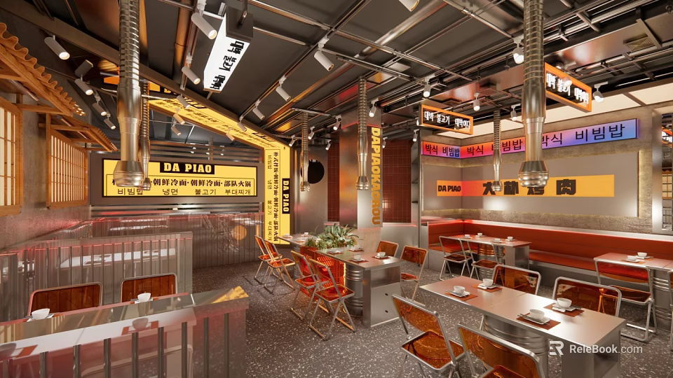 Industrial Style Restaurant Interior With Metal Pipes Neon Signs And Metal Tables Chairs 3d model 