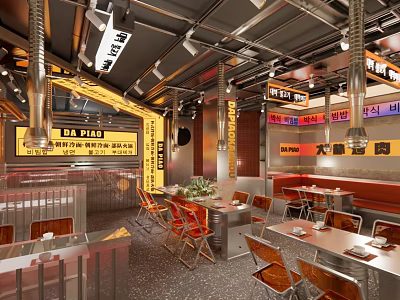 Industrial Style Restaurant Interior With Metal Pipes Neon Signs And Metal Tables Chairs 3d model