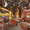 Industrial Style Restaurant Interior With Metal Pipes Neon Signs And Metal Tables Chairs