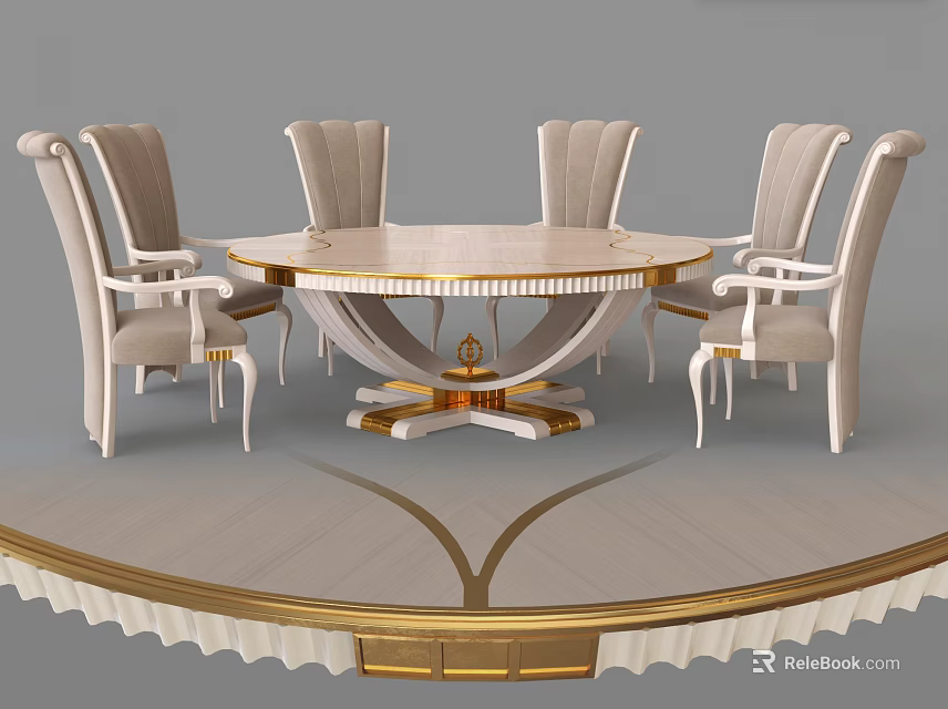 Elegant Luxurious Dining Table Set With Round Beige Top Gold Accent Chairs And Ornate Base Design 3d model 
