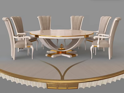 Elegant Luxurious Dining Table Set With Round Beige Top Gold Accent Chairs And Ornate Base Design 3d model