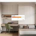 Modern Tatami Bedroom With Desk Table Lamp Laptop Green Chair White Cabinets And Blinds