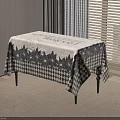 Stylish Dining Table With Black And White Checkerboard Floral Pattern Tablecloth Near Window With Blinds
