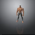 Muscular Man Shirtless Standing Barefoot In Gray Tight Pants Against Gray Background