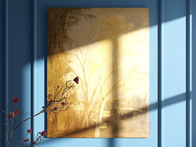 Abstract Painting on Blue Wall with Golden Yellow Tones Shadow Effects and Red Floral Branch 3d model