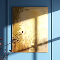 Abstract Painting on Blue Wall with Golden Yellow Tones Shadow Effects and Red Floral Branch
