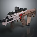 Modern Tactical Rifle Featuring Scope Mounted Accessories Brown Black Finish Ergonomic Grip Red Accents