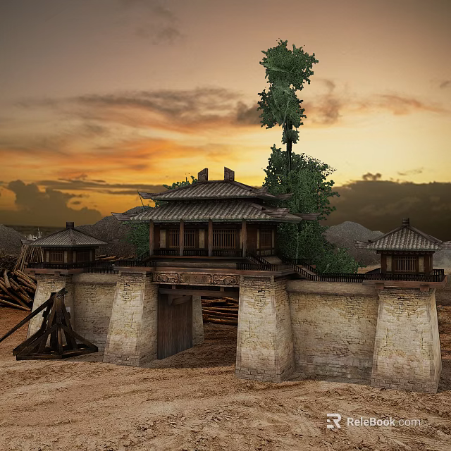 Traditional Ancient Chinese Architecture With Classic Roof Stone Walls And Sunset Sky 3d model 
