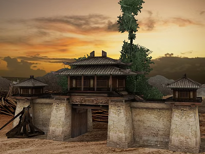 Traditional Ancient Chinese Architecture With Classic Roof Stone Walls And Sunset Sky 3d model
