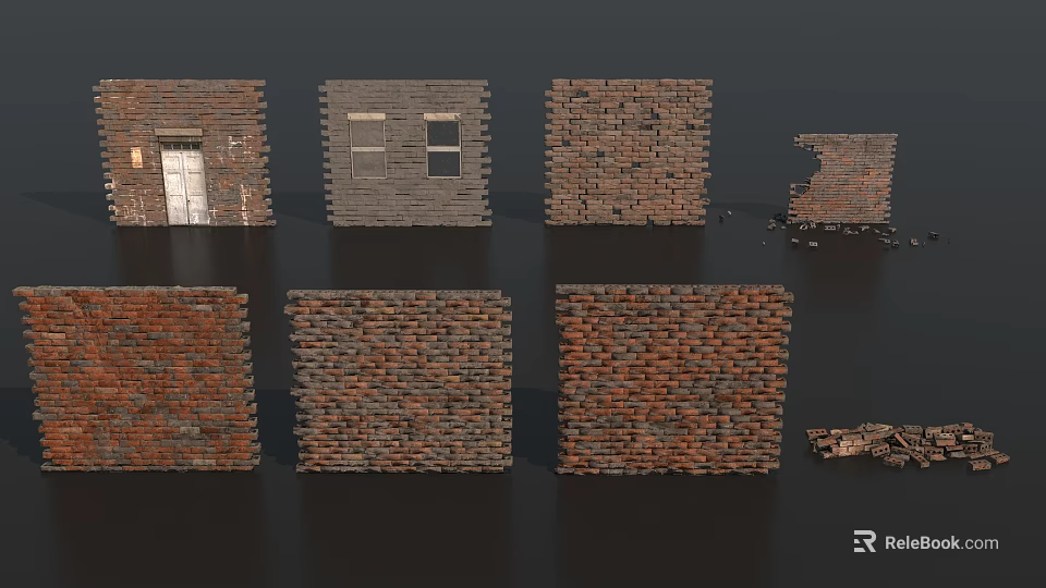 Various Brick Wall Designs Featuring Door Window And Broken Sections 3d model 