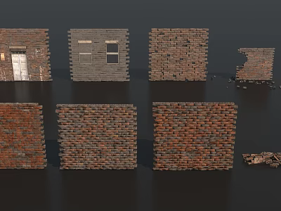 Various Brick Wall Designs Featuring Door Window And Broken Sections 3d model