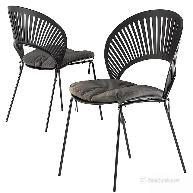 Modern Leisure Chair with Black Striped Back Gray Padded Seat and Metal Legs 3d model 