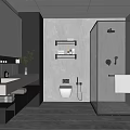 Modern Gray Marble Bathroom With Glass Shower Enclosure Double Vanity Wall-Mounted Shelves And Smart Toilet