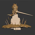 Golden Lion Head Sculpture With Long Sword On Layered Pedestal And Spikes