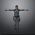 Woman in Blue Tactical Outfit With Utility Belt Backpack Standing Arms Outstretched