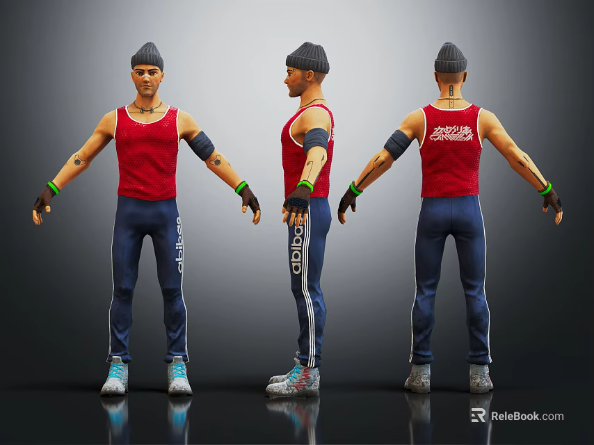 3D Character Model in Three Angles With Red Tank Top Blue Sweatpants Cap and Wristbands 3d model 