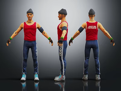3D Character Model in Three Angles With Red Tank Top Blue Sweatpants Cap and Wristbands 3d model