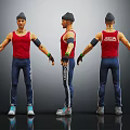 3D Character Model in Three Angles With Red Tank Top Blue Sweatpants Cap and Wristbands