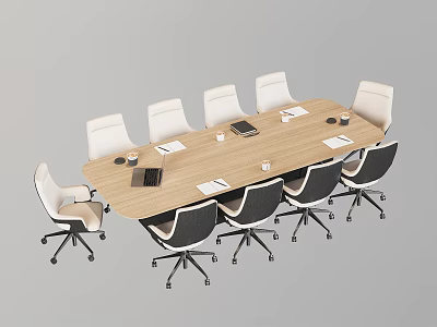 Modern Rectangular Wooden Conference Table With White Black Office Chairs And Laptop Notebook On Top 3d model